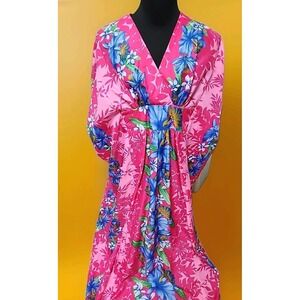 Royal Creations Hawaii  Muumuu Kimono Dress O/S Pink Floral  Retro Maxi 70s